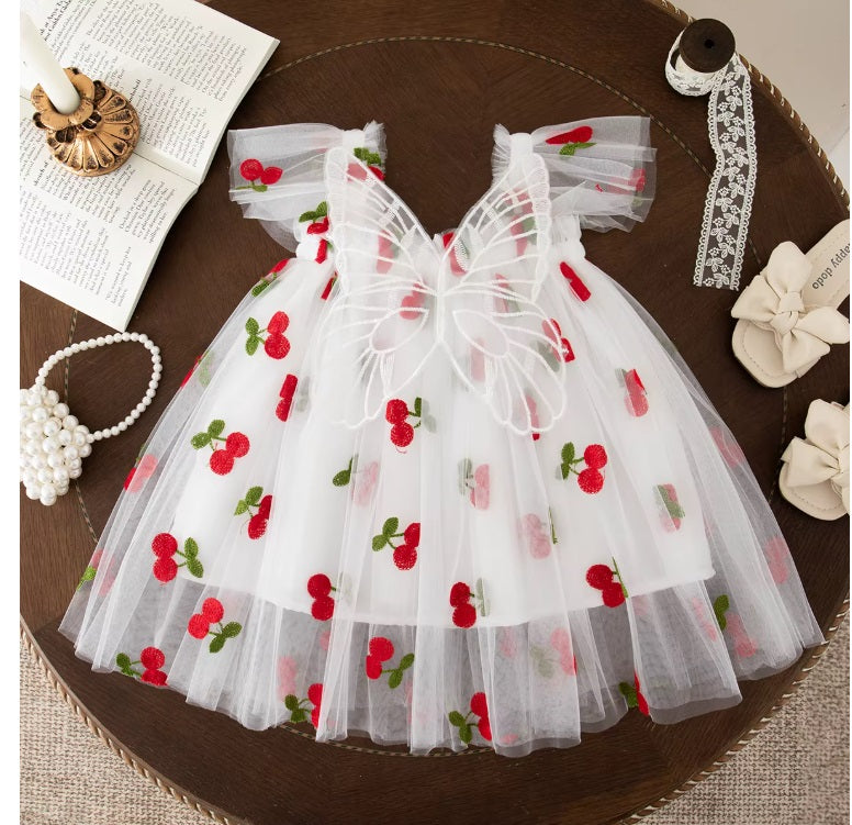 Vestido Tull blanco con bordados de cereza