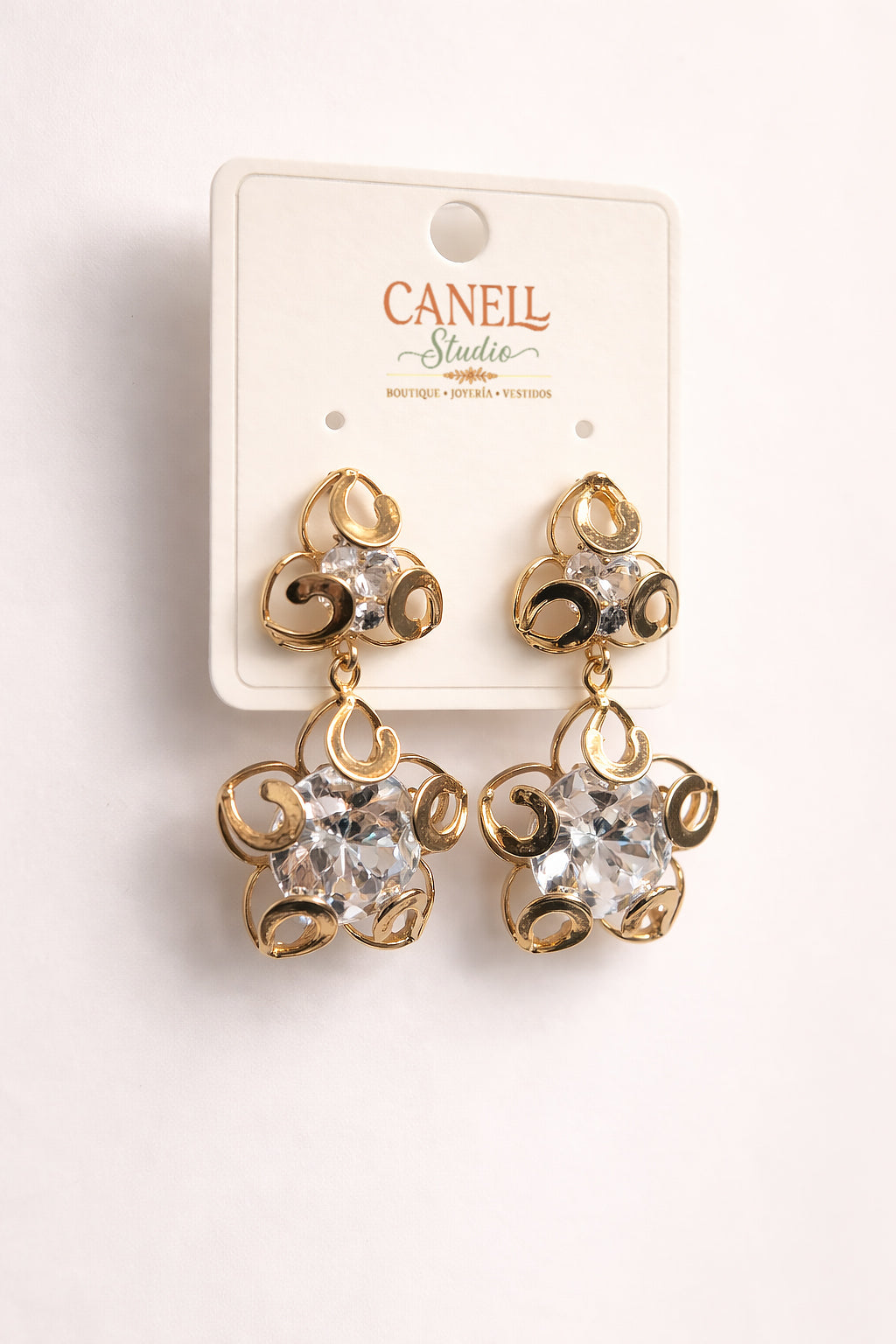 Arete Trebol Cristales (3.5Cm) bañado en Oro