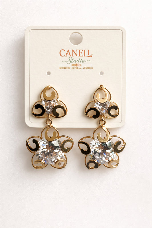 Arete Trebol Cristales (3.5Cm) bañado en Oro