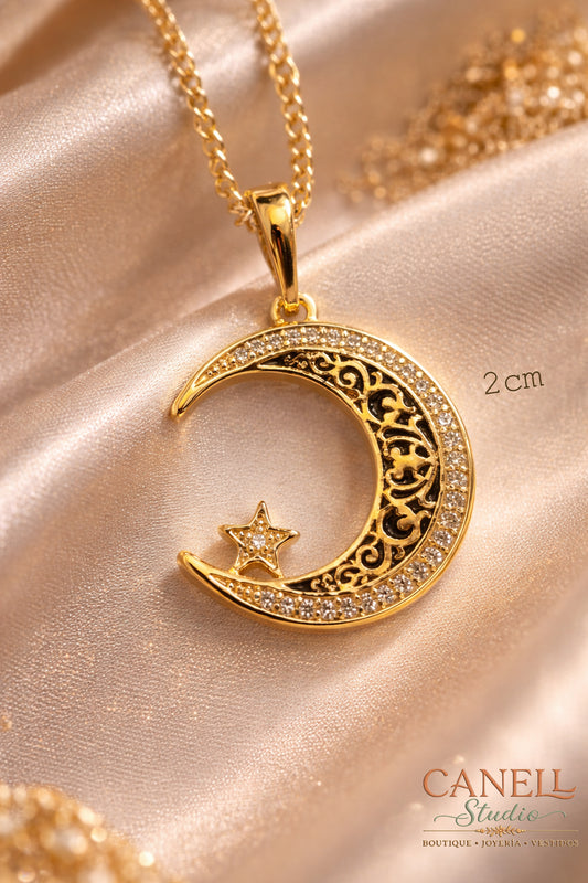Collar con Dije Luna-Estrella con Circones Enchapado doble oro 18k
