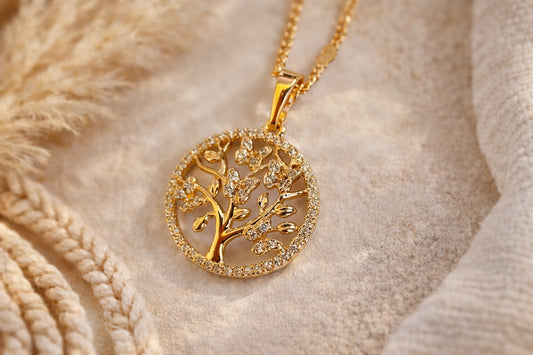 Collar Árbol de la vida  con Circones Enchapado doble oro 18k