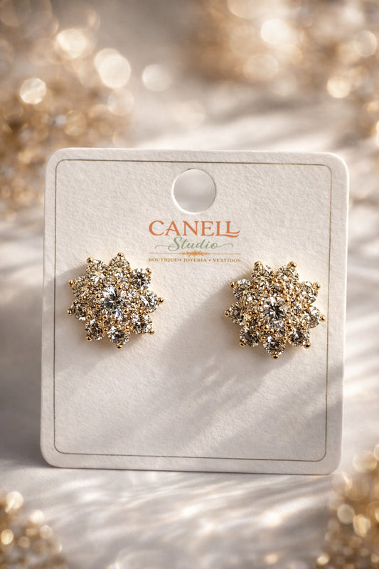 Aretes Flor lleno de circones y punto de Luz - Bañado en oro 18k