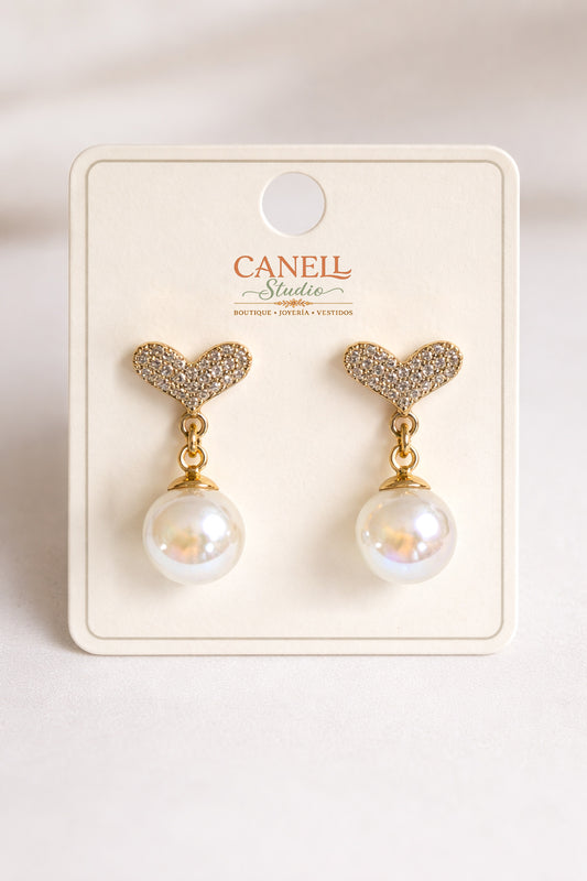 Aretes Corazón Colgante con Perla