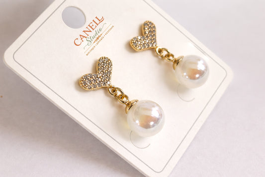 Aretes Corazón Colgante con Perla