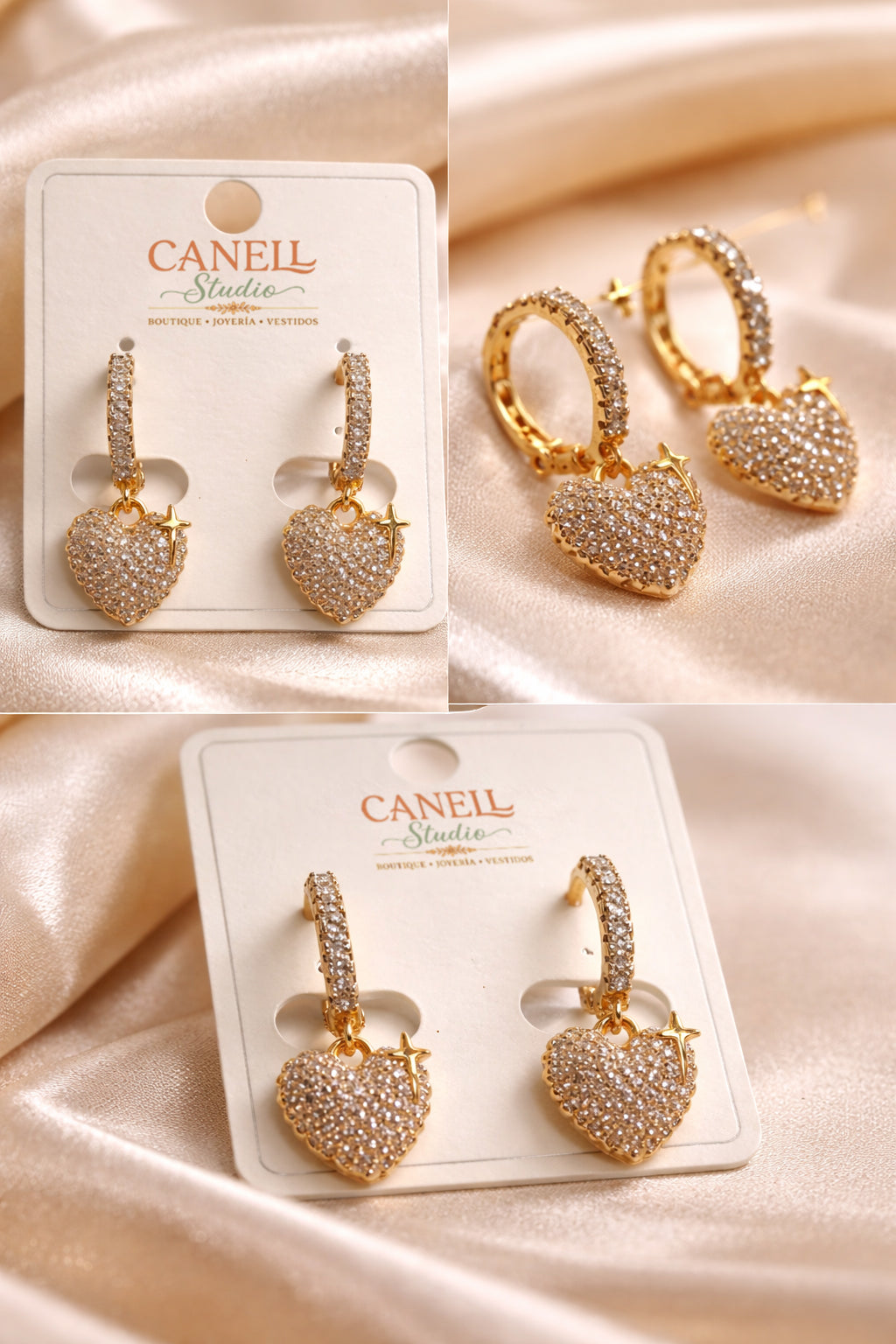Aretes Corazón Colgante con circonita y cruz