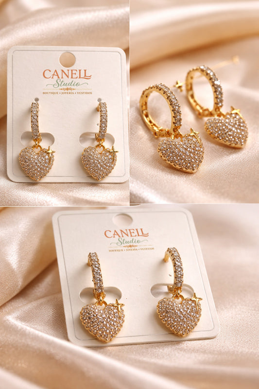 Aretes Corazón Colgante con circonita y cruz